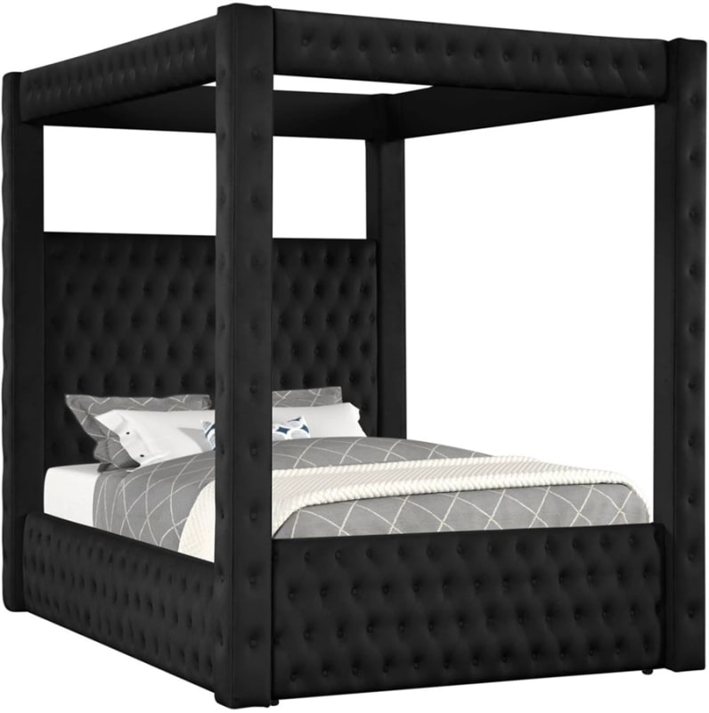 Annabelle Canopy Upholstered Button Tufted Queen Bed in Black Finish by Crown Mark - CM-5114BK-Q