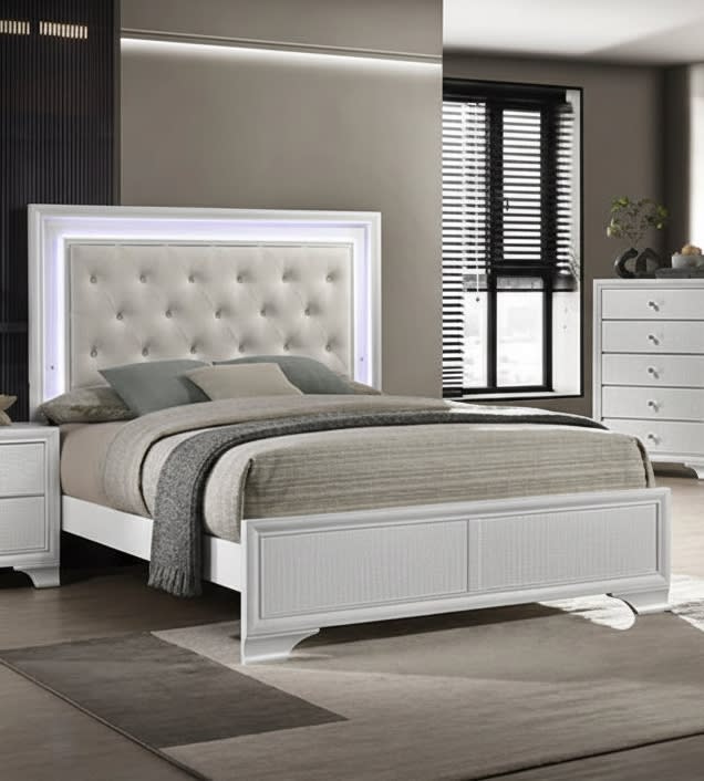 Lyssa LED Queen Panel Bed in Oat/Frost Finish by Crown Mark - CM-B4312-Q