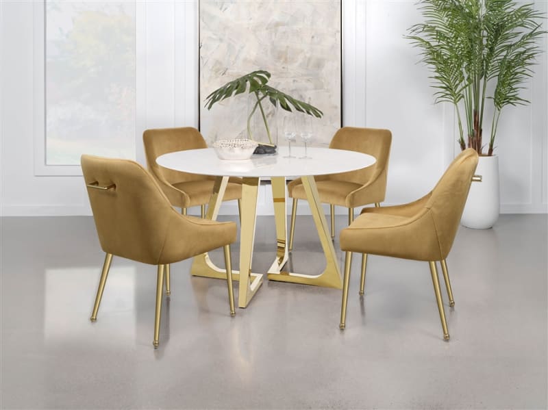 Gwynn 5 Piece Marble Stainless Steel Dining Room Set in White and Cognac Finish by Coaster - COA-107171-107582