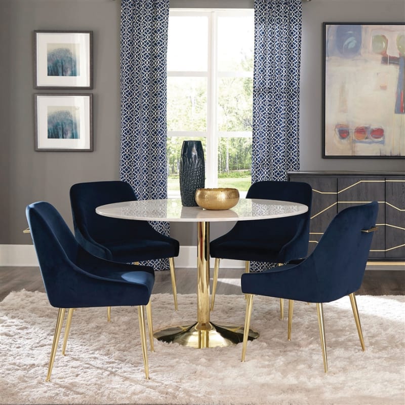 Gwynn 5 Piece Marble Stainless Steel Dining Room Set in White and Blue Finish by Coaster - COA-107171-192492