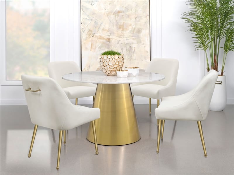 Ambrose 5 Piece Round Marble Top Dining Room Set in Gold and Ivory Finish by Coaster - COA-107600-107562