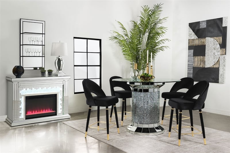 Ellie Pedestal Counter Height Table Black Velvet Chairs 5 Piece Dining Set by Coaster - 115558