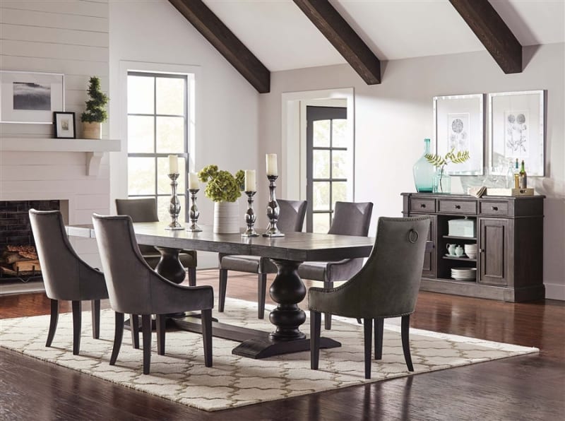 Phelps Grey Velvet Chairs 5 Piece Trestle Table Dining Set in Antique Noir Finish by Coaster - 121231-5G