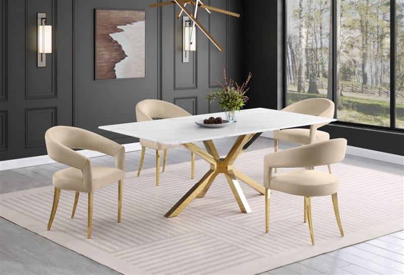 Venera 5 Piece Rectangular Marble Dining Room Set in White and Beige Finish by Coaster - COA-150541-108286