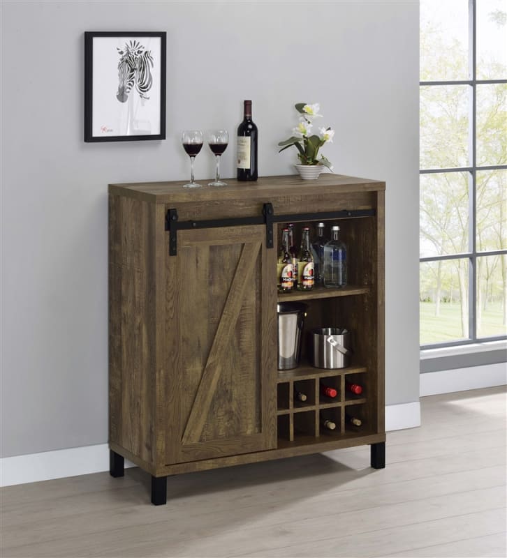 Arlington Sliding Door Home Bar Wine Cabinet in Rustic Oak Finish by Coaster - COA-182852