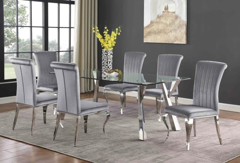 Alaia Rectangular Glass Top Dining Table 7 Piece Set in Chrome Finish by Coaster - 190711