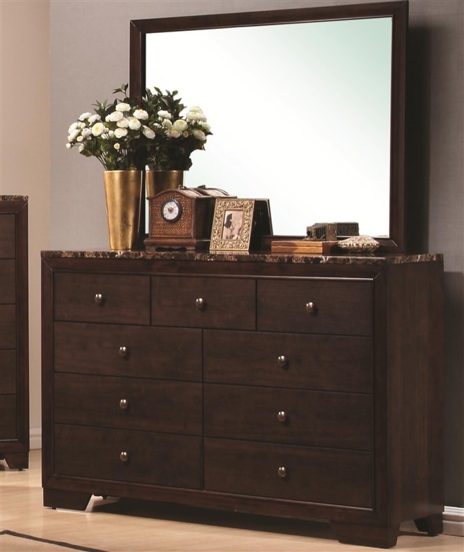 coaster home furnishings 200423 casual contemporary dresser walnut Conner Dresser in Dark Walnut Finish with Faux Marble Top by Coaster
