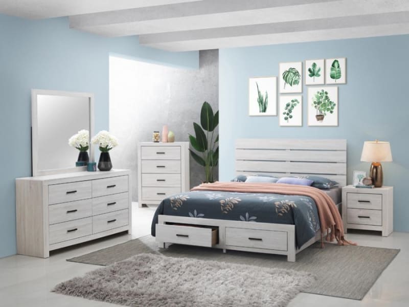 Marion Storage Bed 6 Piece Bedroom Set in Coastal White Finish by
