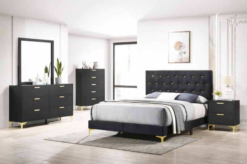 Kendall Black Velvet Upholstered Bed 6 Piece Bedroom Set in Black Finish by  Coaster - 224451