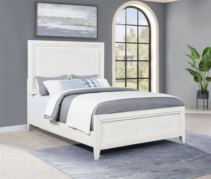 Marielle Queen Upholstered Panel Bed in Distressed White Finish by Coaster - COA-224841Q