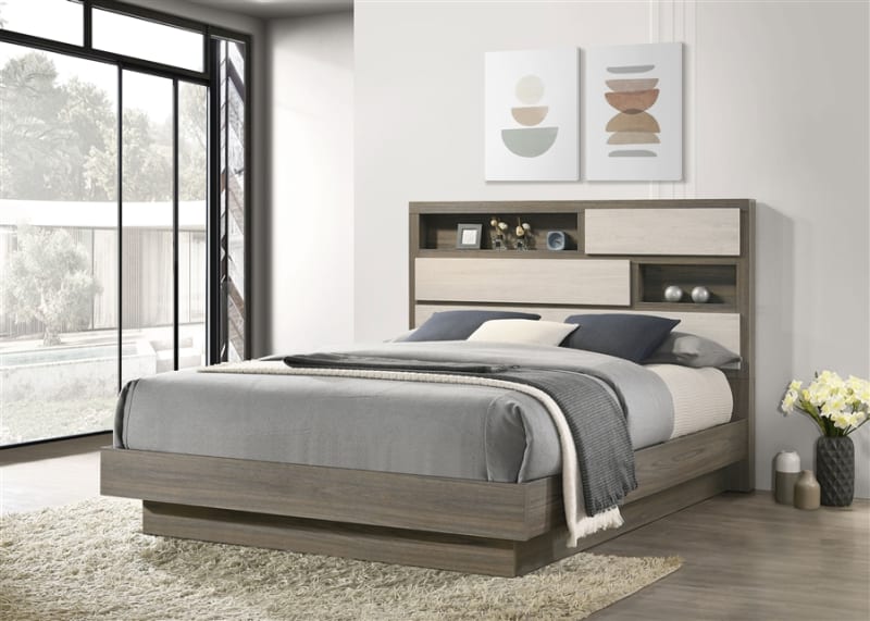 Fenwick Queen Bed with Bookcase Headboard in Grey Oak Finish by Coaster - COA-224981Q