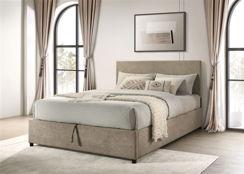 Reeves Upholstered Queen Lift-Top Storage Platform Bed in Tan Finish by Coaster - 315918TANQ