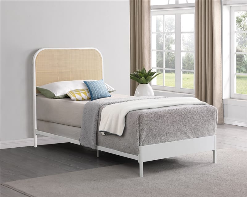 Amherst Twin Bed w/Woven Rattan Headboard in White Powder Coated Finish by Coaster - COA-360301T