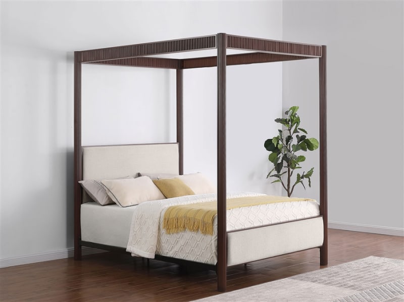 Zimmerlee Upholstered Queen Canopy Bed in Rust Brown Finish by Coaster - COA-360331Q