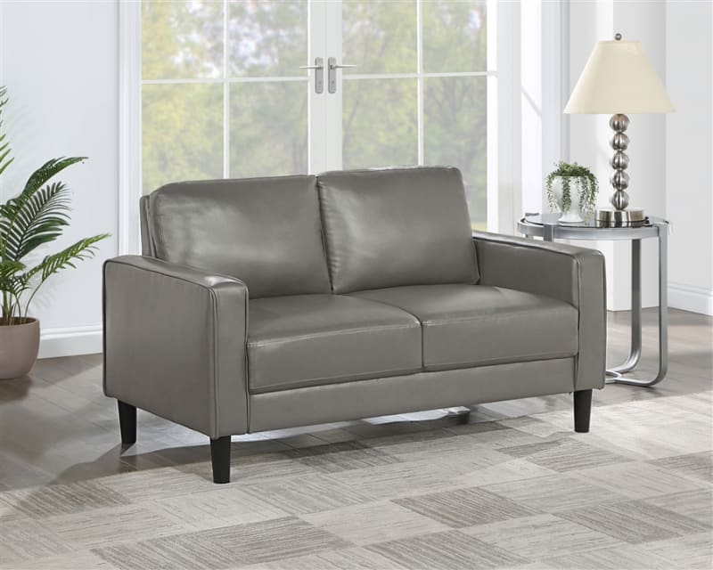 Ruth Upholstered Track Arm Loveseat in Grey Leatherette by Coaster - COA-508366