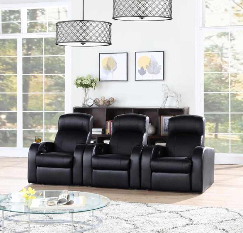 Cyrus 3 Piece Home Theater Seating in Black Leather by Coaster - 600001-S3B