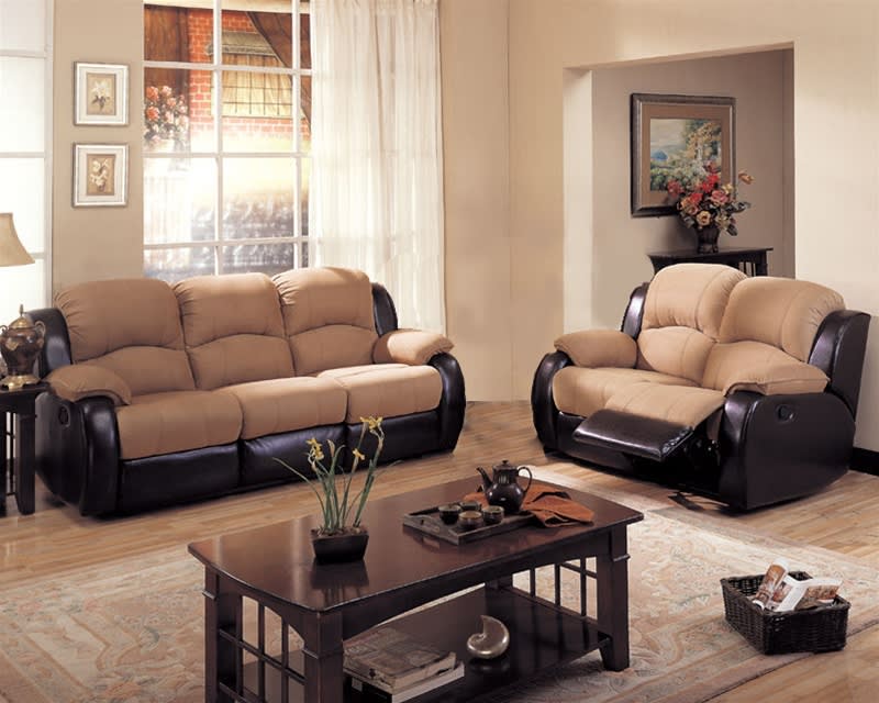 Rivera 2 Piece Sofa Set in Mocha Microfiber and Brown Leather-Like