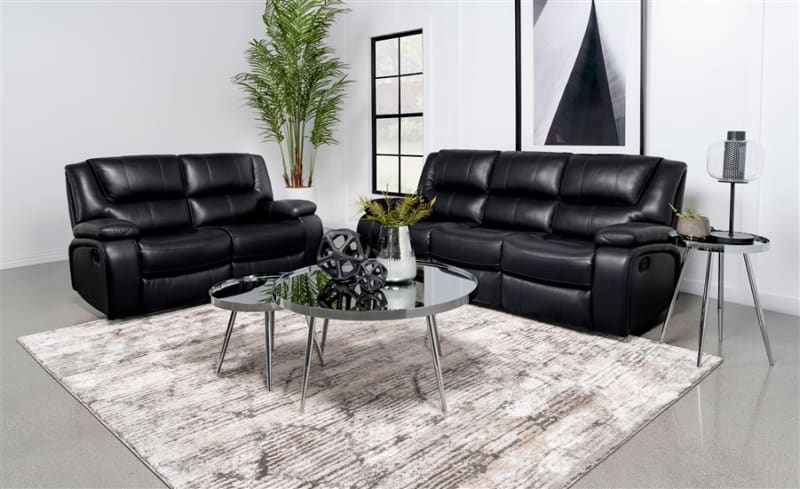 Camila 2 Piece Upholstered Motion Reclining Sofa Set in Black by Coaster - COA-610244-S
