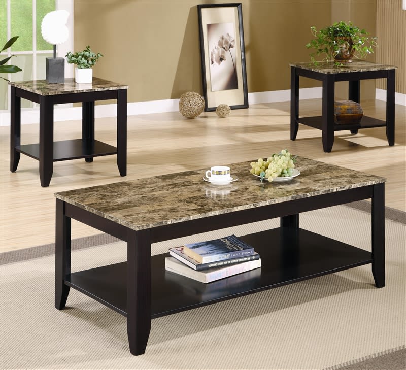 Marble Like Top 3 Piece Occasional Table Set in Black Finish by Coaster - 700155
