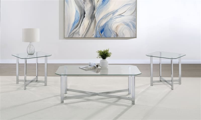 Cronin 3 Piece Tempered Glass Cocktail Table Set in Chrome Finish by Coaster - 706568-S3