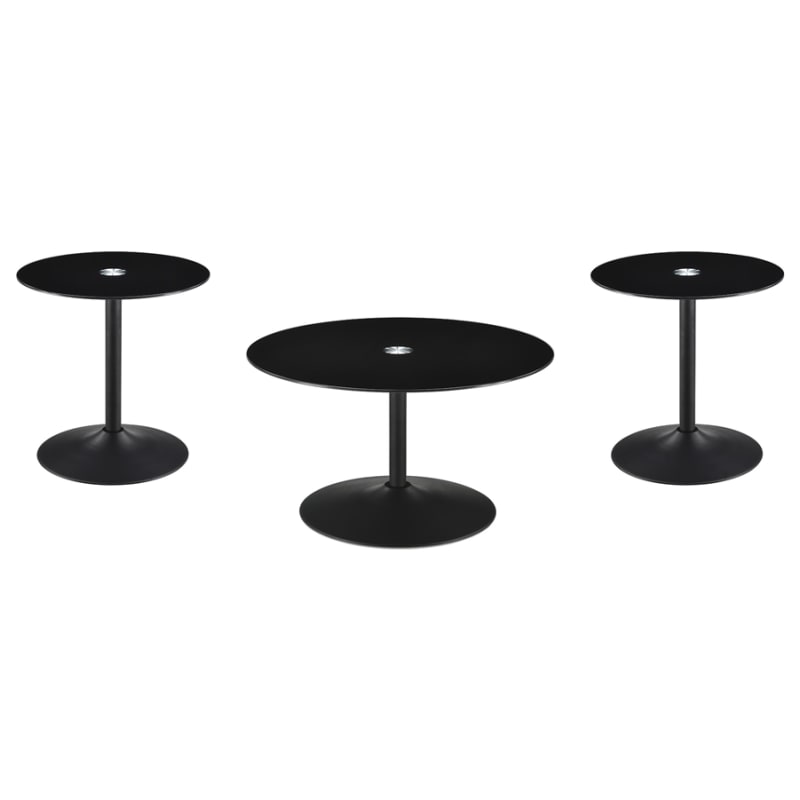 Ganso 3 Piece Round Glass Top Coffee Table Set in Black Glass and Sandy Black Finish by Coaster - COA-709688
