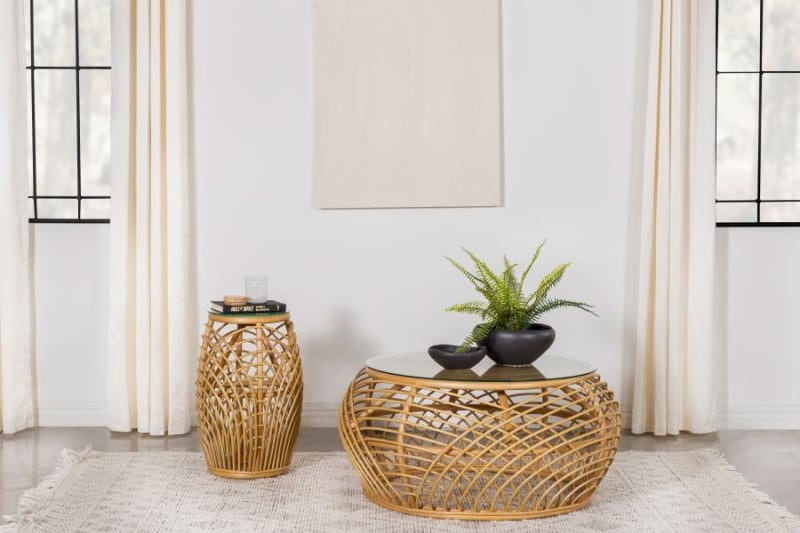 Dahlia Round Glass Top Woven Rattan Coffee Table in Natural Brown Finish by Coaster - 709808