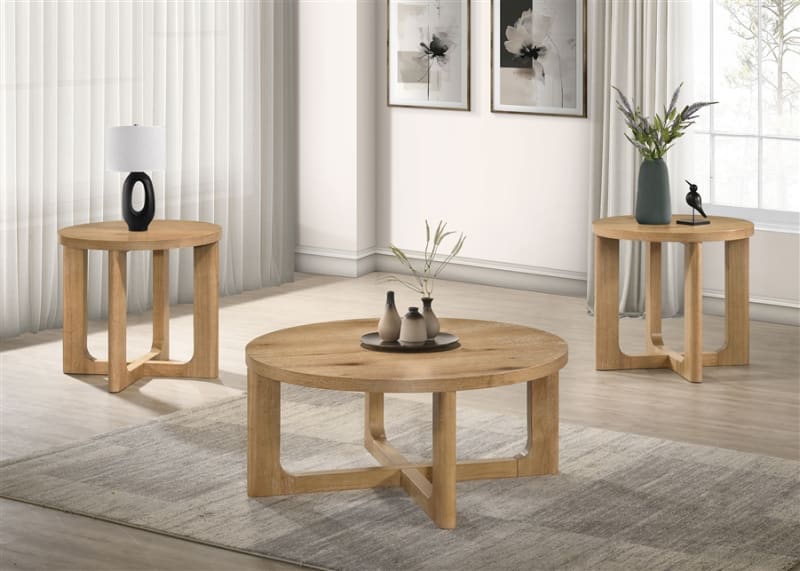 Kessler 3 Piece Round Cocktail Table Set in Light Oak Finish by Coaster - 735988-S3
