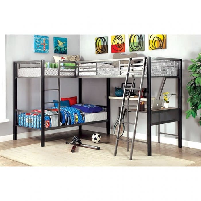 Ballarat L-Shaped Triple Twin Bunk Bed in Silver Finish by Furniture of America - FOA-CM-BK1049