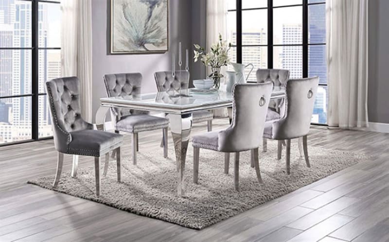 Neuveville 7 Piece Dining Room Set in White/Chrome/Gray Finish by Furniture of America - FOA-CM3903WH-T
