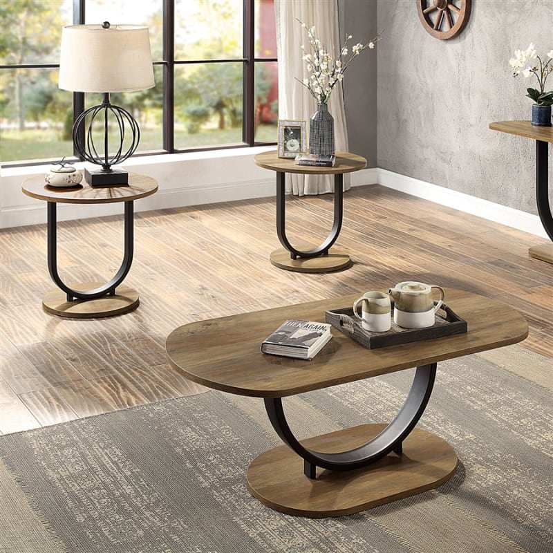 Olbia 3 Piece Occasional Table Set in Rustic Oak/Sand Black Finish by Furniture of America - FOA-CM4199A-3PK