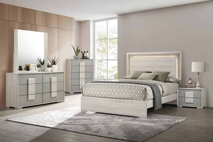 Lincolt 6 Piece Contemporary Bedroom Set in White Wash/Stone Gray Finish by Furniture of America - FOA-FM7201WH