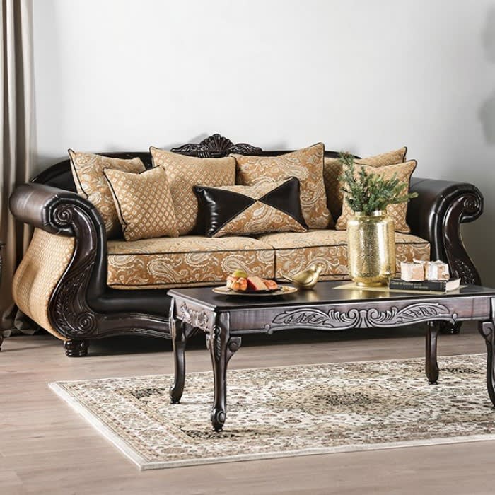 Aislynn Sofa&nbsp;in&nbsp;Gold/Espresso&nbsp;by&nbsp;Furniture&nbsp;of&nbsp;America&nbsp;-&nbsp;FOA-SM6423-SF