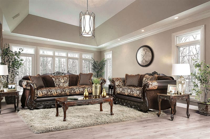 Newdale 2 Piece Sofa Set in Brown/Gold by Furniture of America - FOA-SM6427