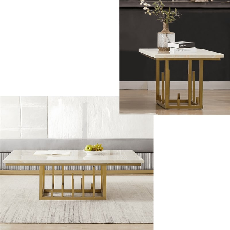 2 Piece Occasional Table in White Marble with Gold Finish Set by Homey Design - HD-06-OT
