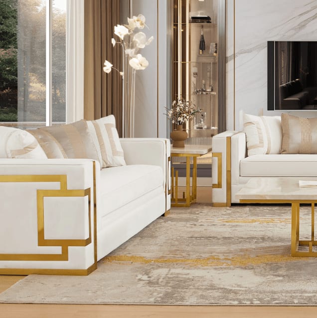 Contemporary Loveseat in White and Gold Accents Finish by Homey Design - HD-2131-L