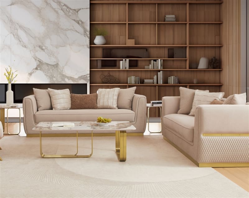 2 Piece Contemporary Living Room Set in Soft Neutral and Gold Accents Finish by Homey Design - HD-3181