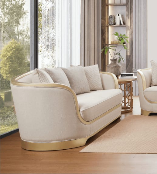 Contemporary Loveseat in Beige Fabric and Metallic Gold Finish by Homey Design - HD-7006-L