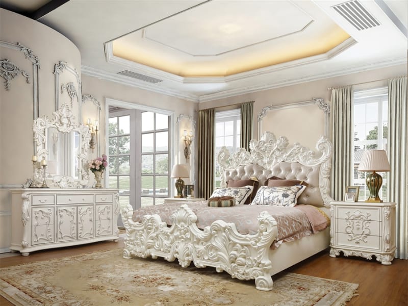 Classic Hand Carved 6 Piece Bedroom Set in Ivory Finish by Homey Design - HD-8008I