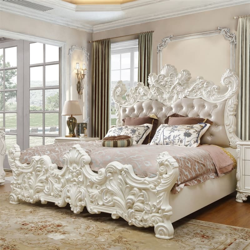 Classic Hand Carved Bed in Ivory Finish by Homey Design - HD-8008I-B
