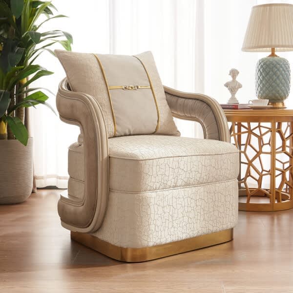 Chair in Cream Fabric with Golden Accent Finish by Homey Design - HD-9003-C