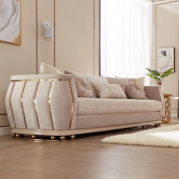Loveseat in Cream Fabric with Golden Accent Finish by Homey Design - HD-9003-L