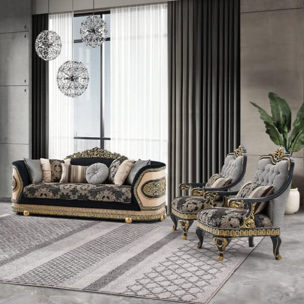 2 Piece Living Room Set in Classic Black and Gold Finish by Homey Design - HD-9012