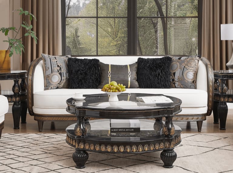 Sofa in Antique Dark Wood with Light Upholstery by Homey Design - HD-9043-S
