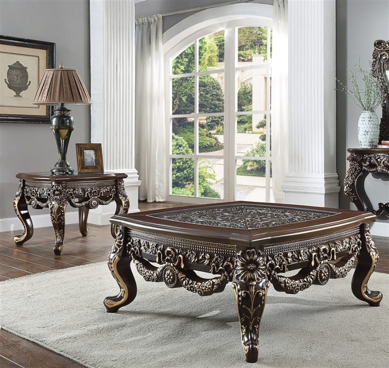 Traditional Cherry with Metallic Antique Gold Highlights Finish 3 Piece Occasional Table Set by Homey Design - HD-905C-OT