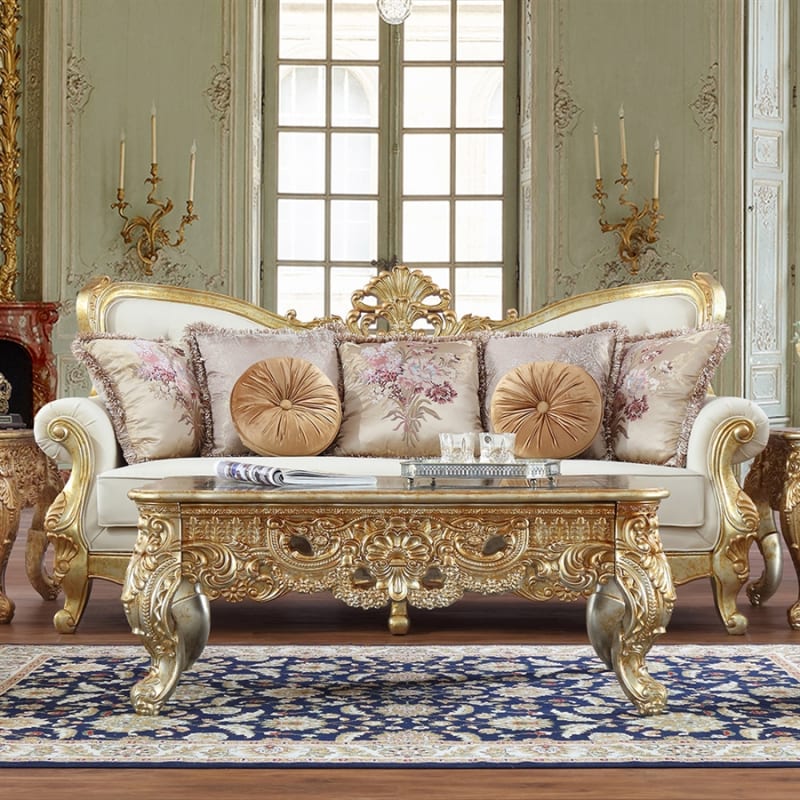 Luxury Leather Upholstered Sofa in Metallic Antique Gold Finish by Homey Design - HD-93630-S