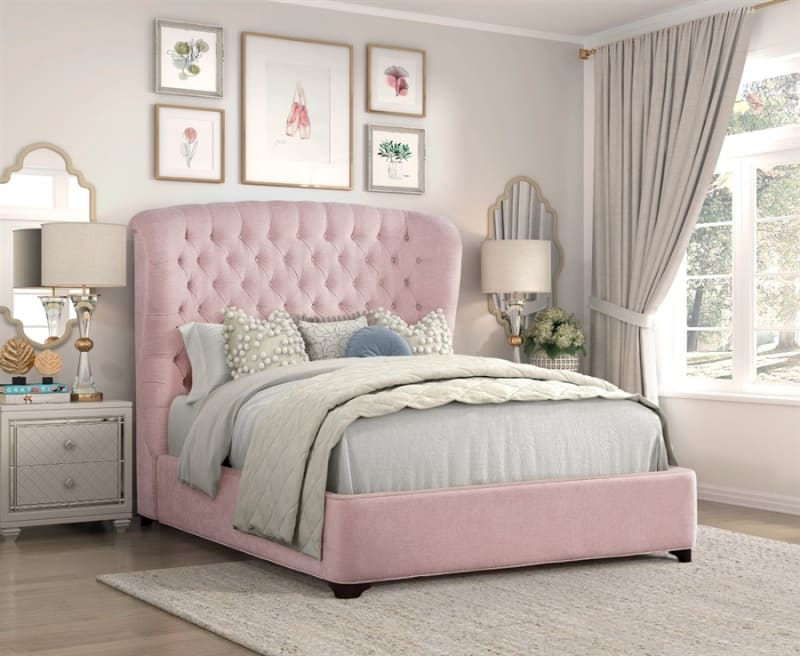Cameo Wingback Upholstered Queen Bed in Pink Chenille Fabric by Home Elegance - HEL-1308PN-1