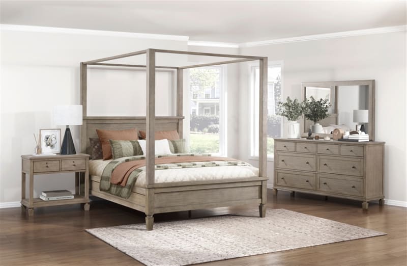 Marceline 6 Piece Canopy Queen Bedroom Set in Gray Oak Finish by Home Elegance - HEL-1316