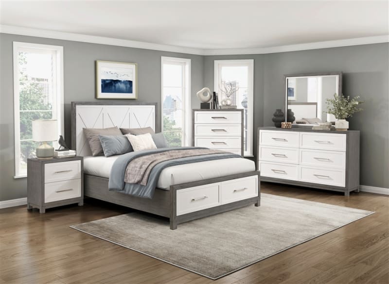Rowan Footboard Storage 6 Piece Queen Bedroom Set in Ivory and Gray Finish by Home Elegance - HEL-1366