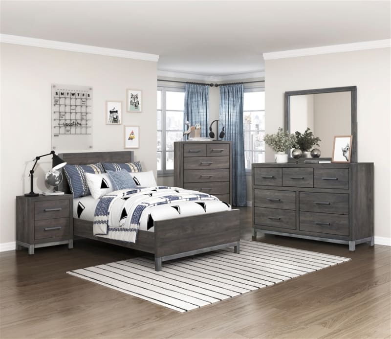 Zephyr Twin Panel Bed in Brownish Gray and Antique Silver Finish by Home Elegance - HEL-1577DGT-1