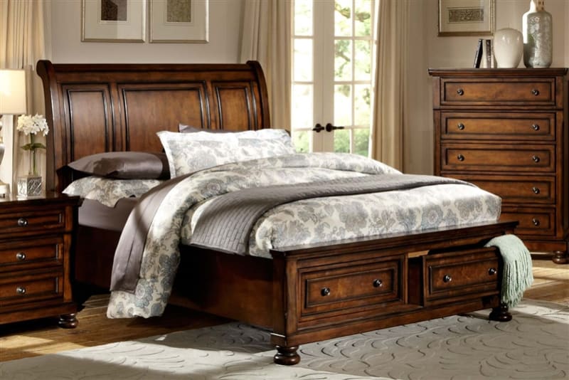 Cumberland Queen Sleigh Platform Bed with Footboard Storages in Medium Brown by Home Elegance - HEL-2159-1